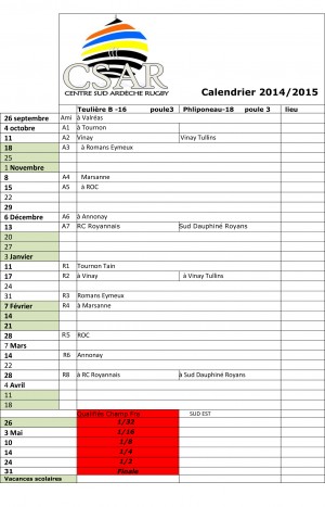 Calendrier saison CSAR 2014